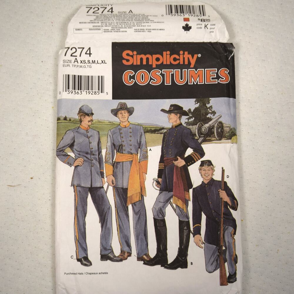 Simplicity Men Teens Civil War Costumes 7274 Size S & XS Cut Pattern Jacket Pant